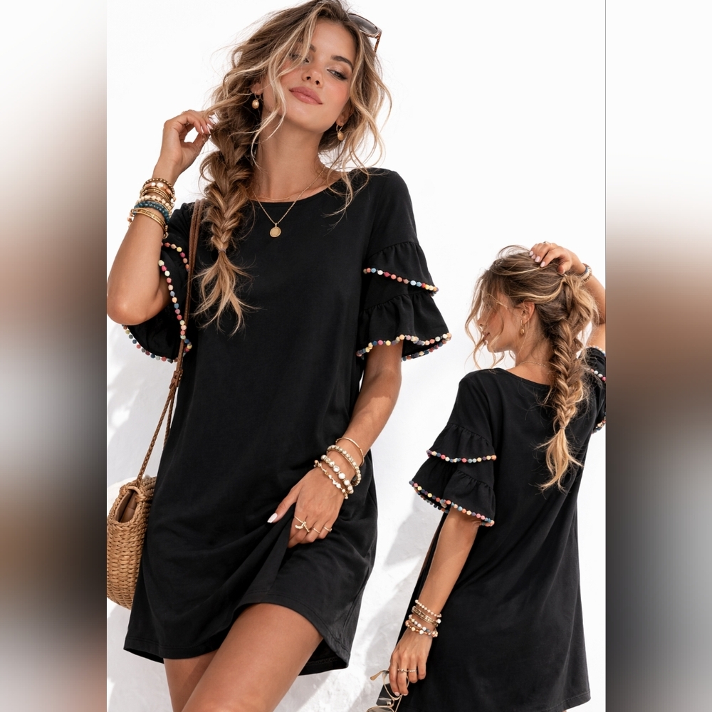 Very J Pom Sleeves Swing Shift Dress Black